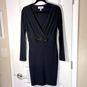 Badgley Mischka Belle formal dress jersey navy long sleeve midi beaded waist sz6